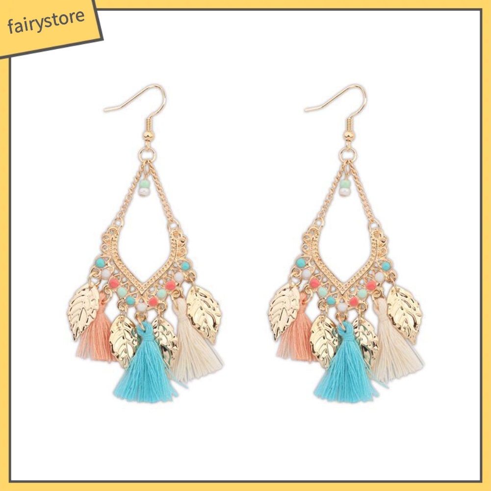 Bông Tai Dáng Dài Hình Chiếc Lá Bằng Kim Loại Phối Tua Rua Phong Cách Bohemian Thời Trang Cho Nữ