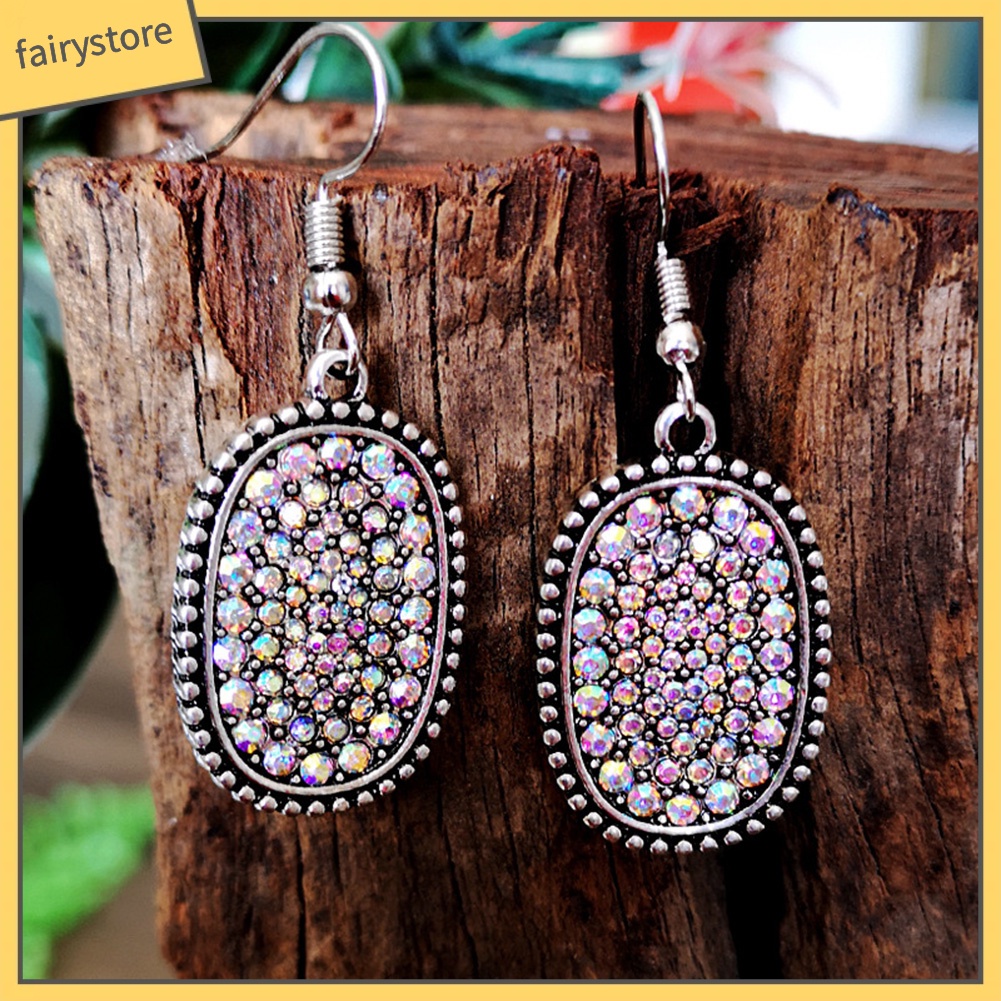 Bông Tai Hình Oval Đính Kim Cương Giả Nhiều Màu Phong Cách Vintage