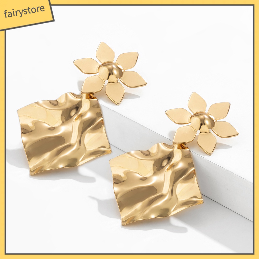 1 Đôi Bông Tai Hình Vuông Dáng Dài Xếp Ly Thiết Kế Bất Đối Xứng Thời Trang