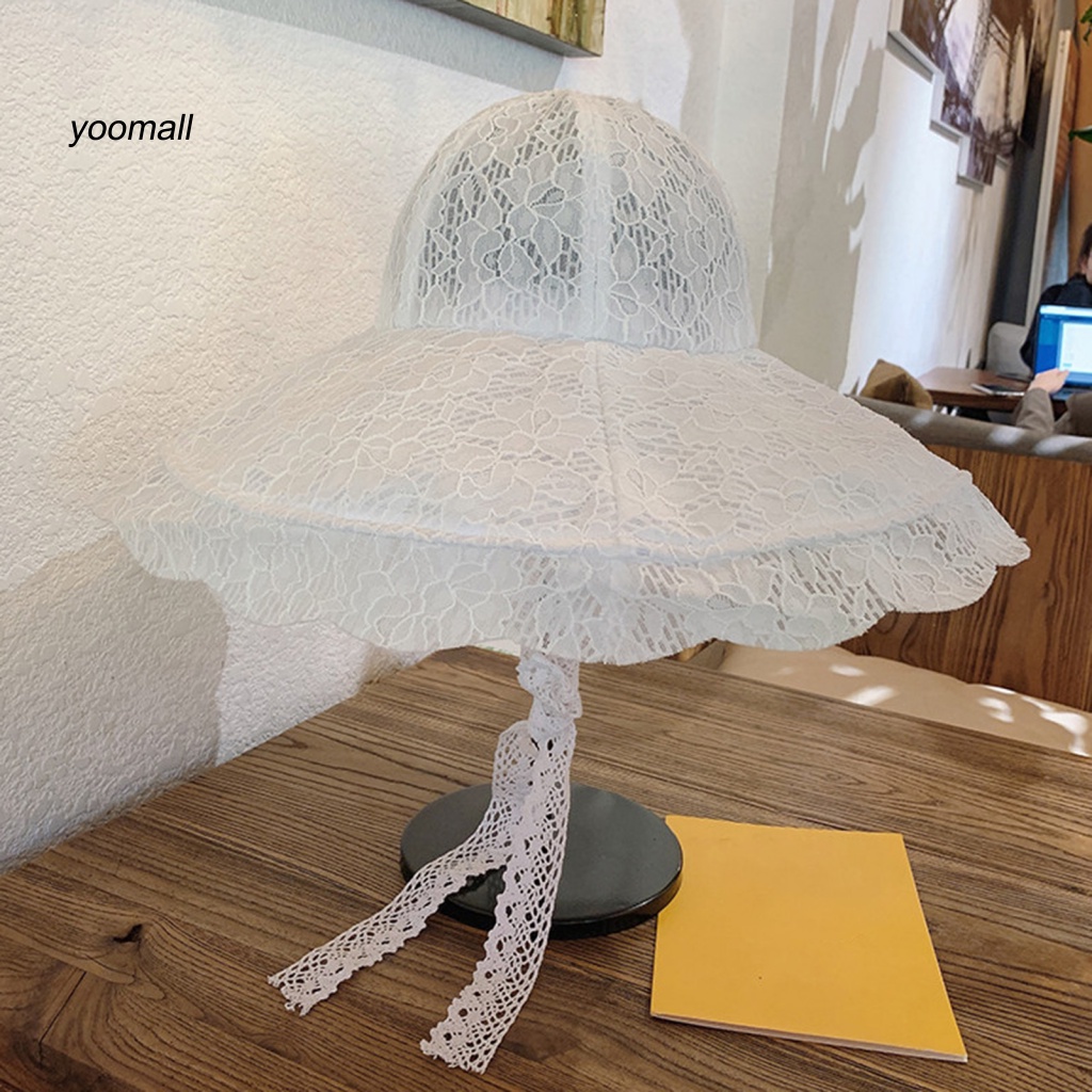 Mũ Rộng Vành Phối Ren Thoáng Khí Chống Tia UV Màu Sắc Ngọt Ngào Dành Cho Nữ