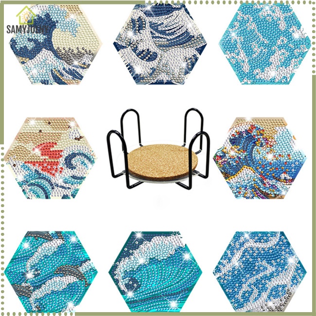 Bộ 8 Đế Lót Ly Tròn Họa Tiết Hoa Hướng Dương Đính Đá Thủ Công Kèm Giá Đỡ Tiện Dụng Cho Người Mới Bắt Đầu