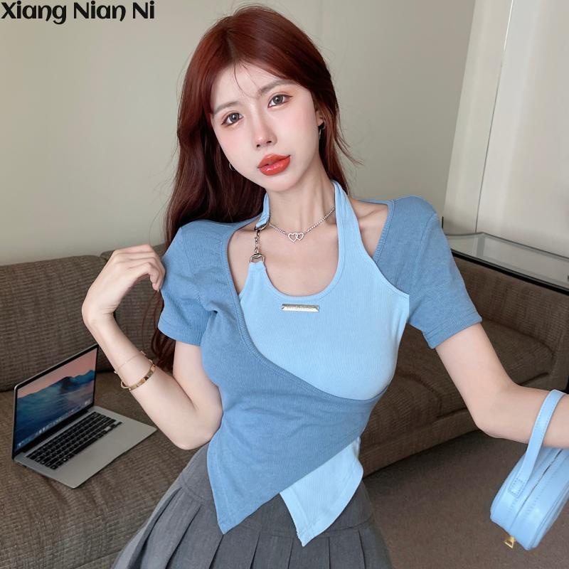 Áo Thun Nữ Ngắn Tay Cổ Treo Thời Trang Hàn