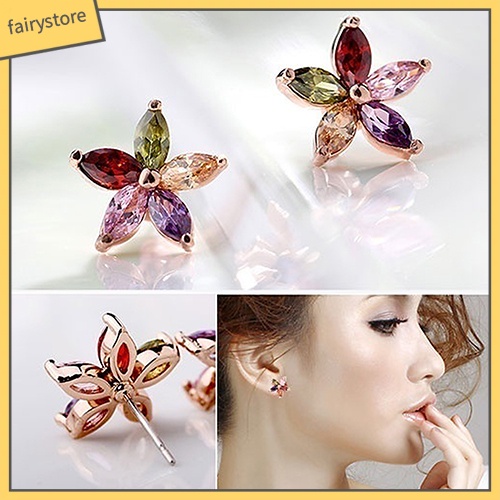 Đôi Khuyên Tai Hình Hoa Đính Đá Zircon Nhiều Màu Sắc Thời Trang Cho Nữ