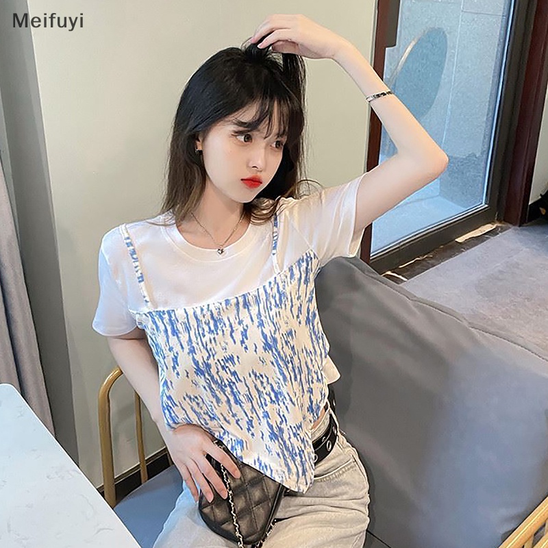 Áo Thun Ngắn Tay Cổ Tròn Giả Hai Lớp Nhuộm Màu Thời Trang Mùa Hè Cho Nữ