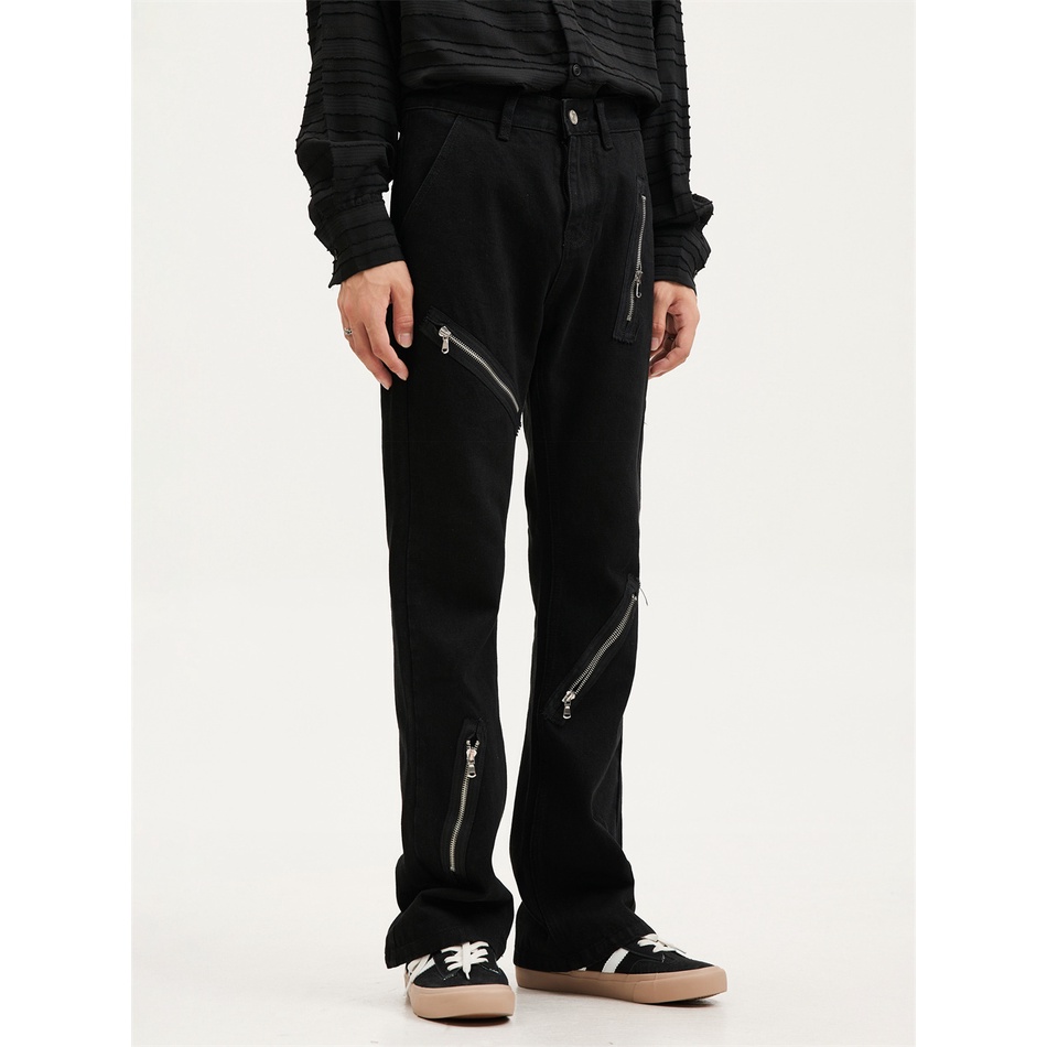 Voguo Rơ Le Niche Quần Jean Ống Loe Micro Màu Đen Phối Khóa Kéo Phong Cách Đường Phố Tối Cao Bán Chạy