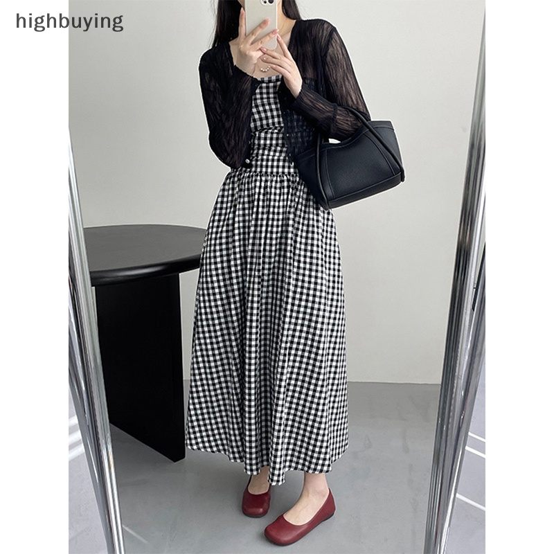 Đầm Dài Dáng Chữ A Họa Tiết Sọc Caro Màu Sắc Tương Phản Phong Cách Cổ Điển Thời Trang 2023 Cho Nữ