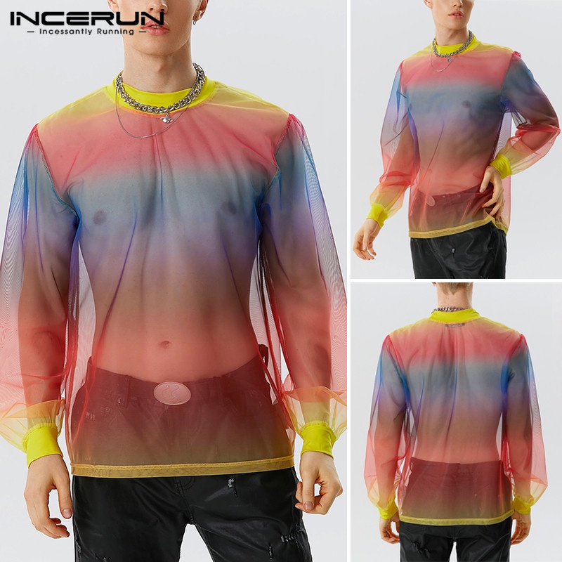 INCERUN Áo Thun Tay Dài Cổ Đứng Nhuộm Màu Phối Lưới Xuyên Thấu Kiểu Vintage Thời Trang Cho Nam