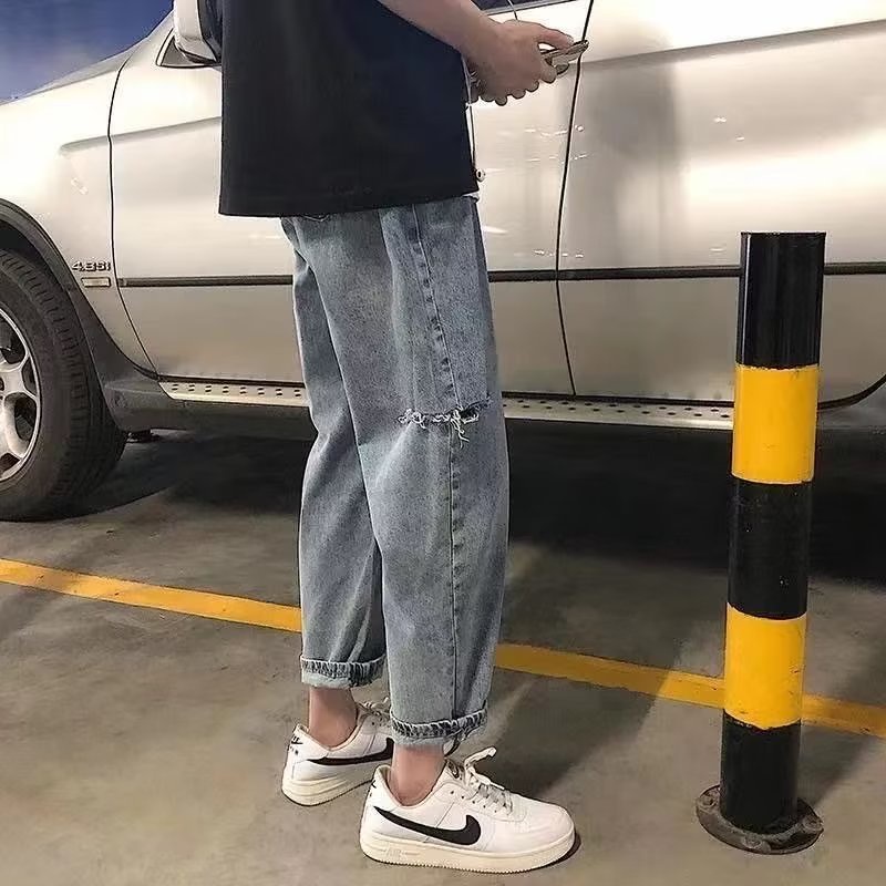 Quần Jean Dài Dáng Rộng Rách Gối Phong Cách Đường Phố Thời Trang Xuân Hè Cho Nam