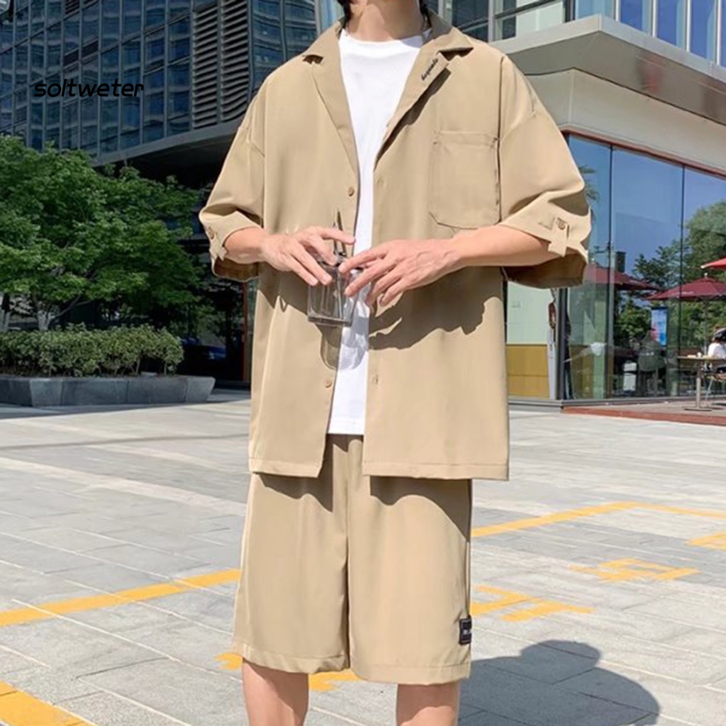 1 Bộ Áo Cổ Bẻ Màu Trơn Phối Quần Short Mỏng Thời Trang Đi Biển Mùa Hè Cho Nam