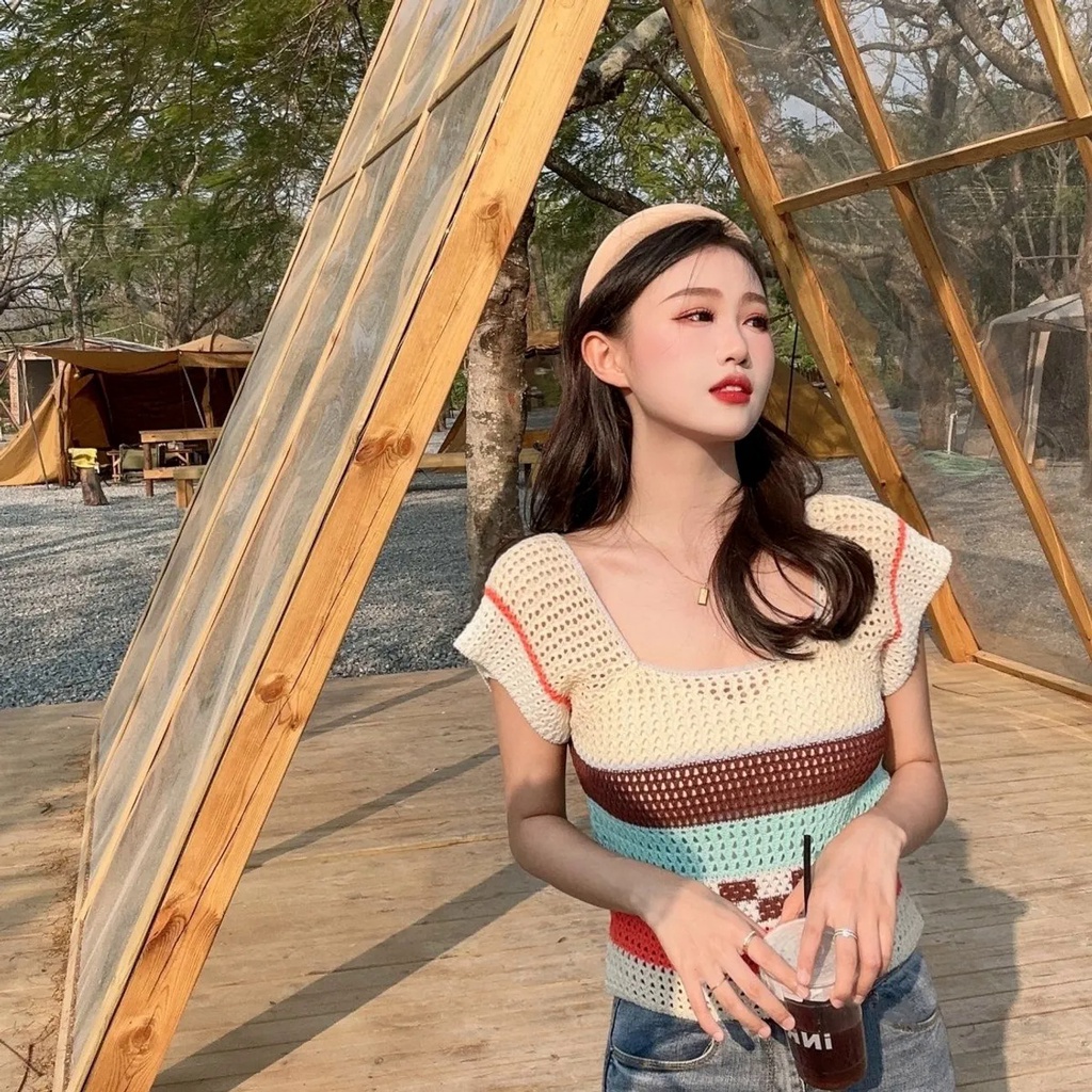Áo Sweater Dệt Kim Cổ Vuông Tay Ngắn Phong Cách Hàn Quốc Thời Trang Mùa Hè Mới Cho Nữ