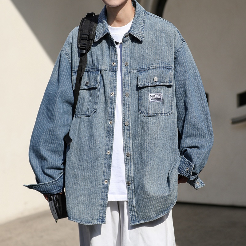 Áo Khoác Denim Kẻ Sọc Dọc Dáng Rộng Kiểu Đường Phố Mỹ Thời Trang Xuân Thu Cho Nam