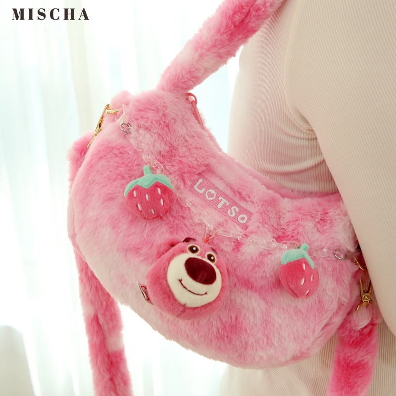 Túi Xách Đeo Vai Phối Lông Hình Trái Tim Ba Mắt Hoạt Hình Disney Dâu Tây Đáng Yêu Dành Cho Nữ