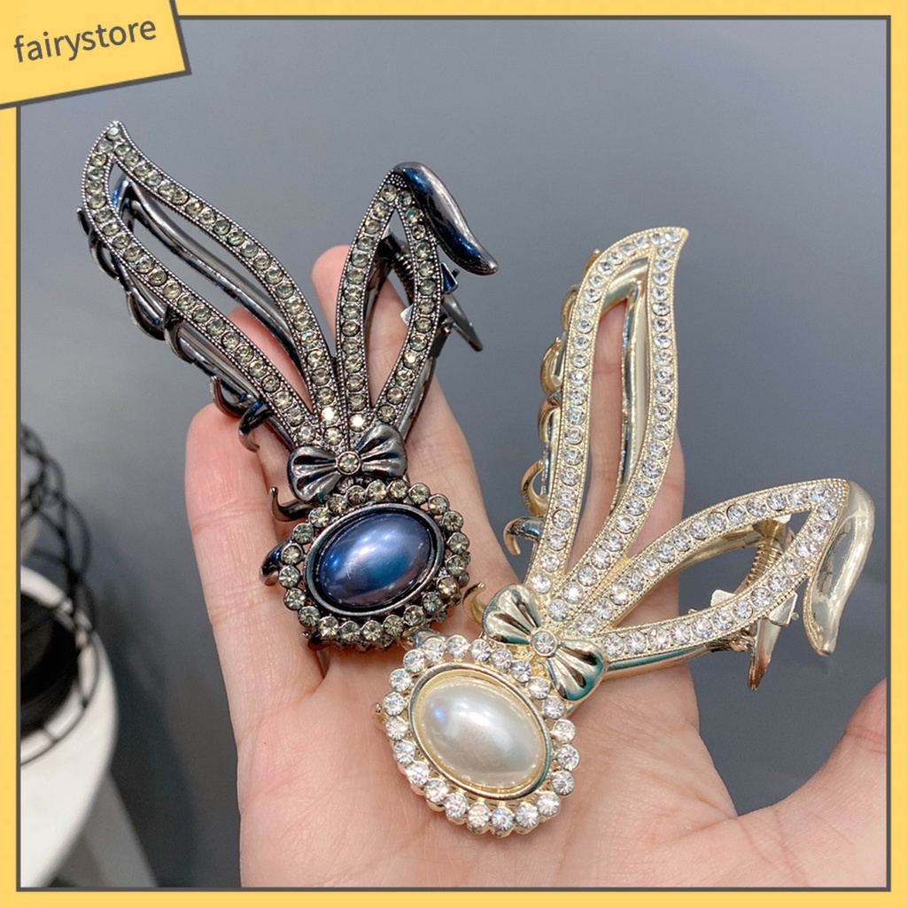 Kẹp Tóc Càng Cua Đính Đá Và Ngọc Trai Giả Hình Tai Thỏ Bằng Thép Không Gỉ