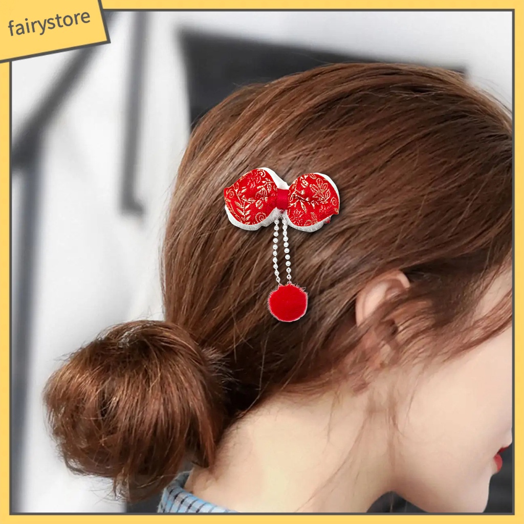 Set 2 Kẹp Tóc Hình Nơ Đính Bóng Lông Tua Rua Đỏ Phong Cách Trung Hoa Cổ Điển Mừng Năm Mới Cho Nữ