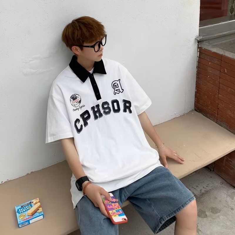 Áo Thun POLO Tay Ngắn Dáng Rộng In Chữ Phong Cách Đường Phố Mỹ Cá Tính Cho Nam