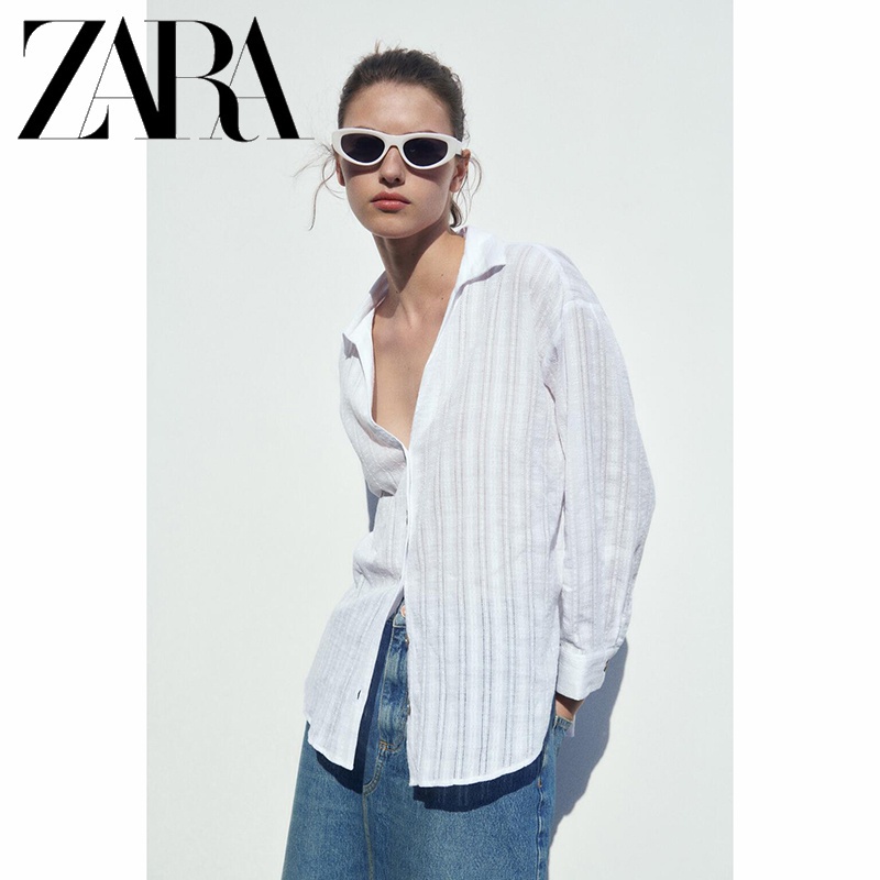 Zara Áo Sơ Mi Dài Tay Dáng Rộng Hoa Văn Kẻ Sọc Thời Trang Mùa Xuân Hè Dành Cho Nữ