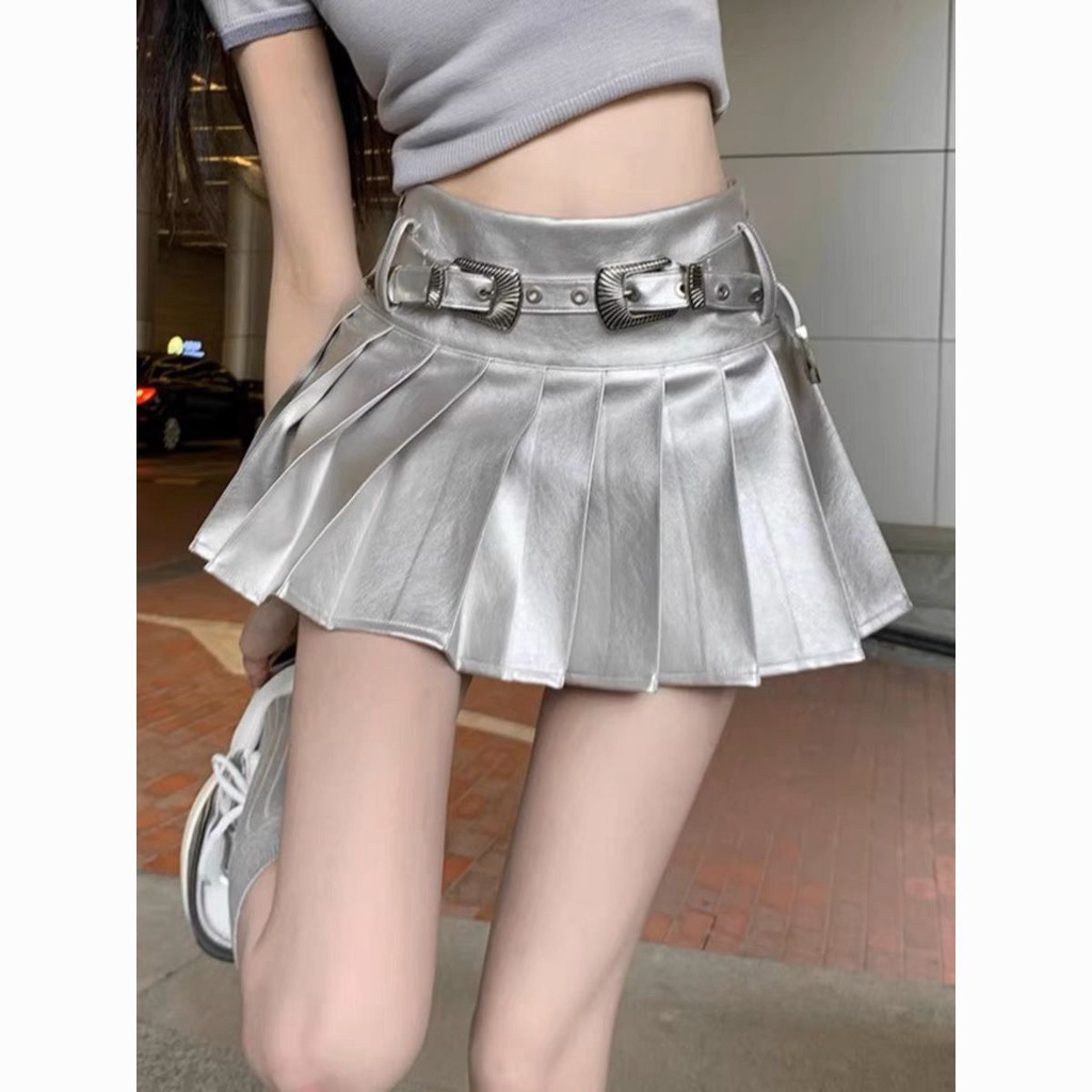 [Miniskirt] Chân Váy Da Chữ a Xếp Ly Cao Cấp Cảm Giác Hot Girl Màu Bạc Mỹ Niche Một Lần Desire