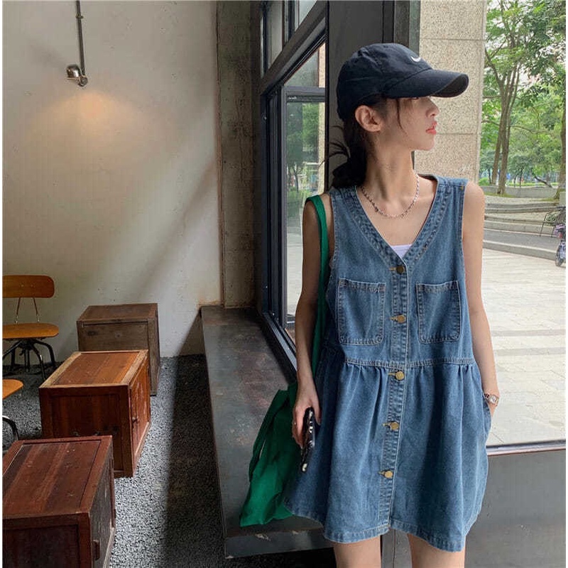 Đầm Denim Mỏng Cổ Chữ V Thời Trang Mùa Hè Cho Nữ