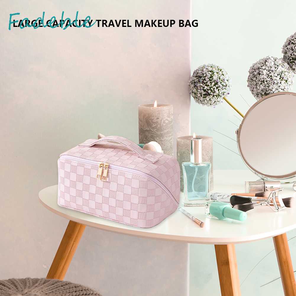 Túi Đựng Mỹ Phẩm Bằng Da PU Sức Chứa Lớn Họa Tiết Kẻ Sọc Thời Trang Mùa Hè Cho