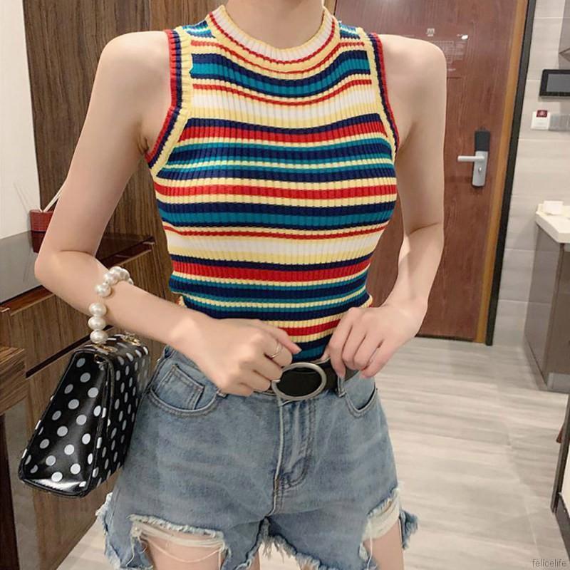 Áo Croptop Dệt Kim Sát Nách Kẻ Sọc Cầu Vồng Xinh Xắn Cho Nữ