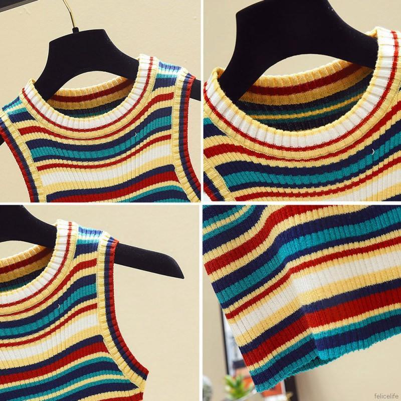 Áo Croptop Dệt Kim Sát Nách Kẻ Sọc Cầu Vồng Xinh Xắn Cho Nữ