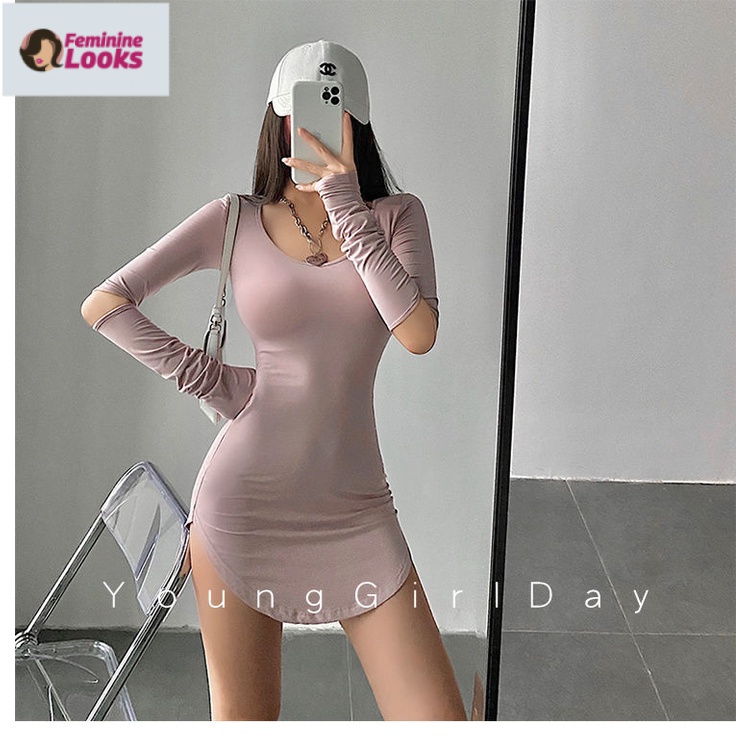 Đầm Ngắn Ôm Eo Tay Dài Cổ Tròn Màu Trơn Quyến Rũ