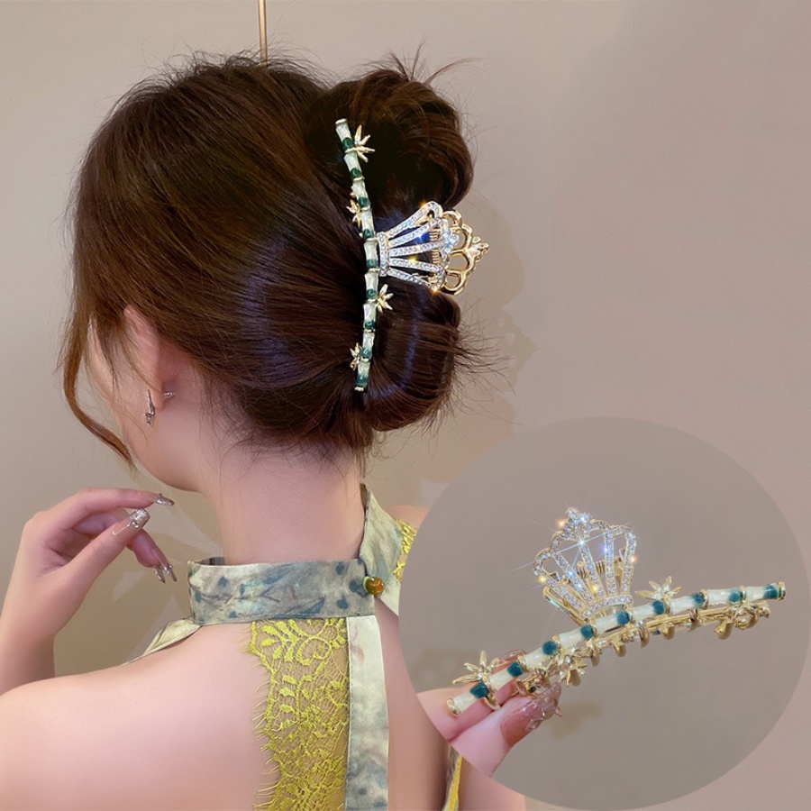 Kẹp Tóc Đuôi Ngựa Hình Vương Miện Bằng Tre Và Hợp Kim Đính Đá Pha Lê Phong Cách