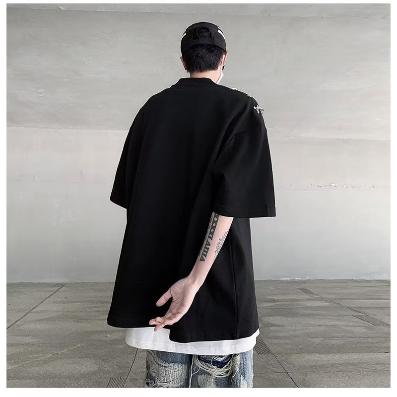 Áo Thun Tay Ngắn Phối Nút Kim Loại Nặng 320g Phong Cách Đường Phố Mỹ Cho Nam