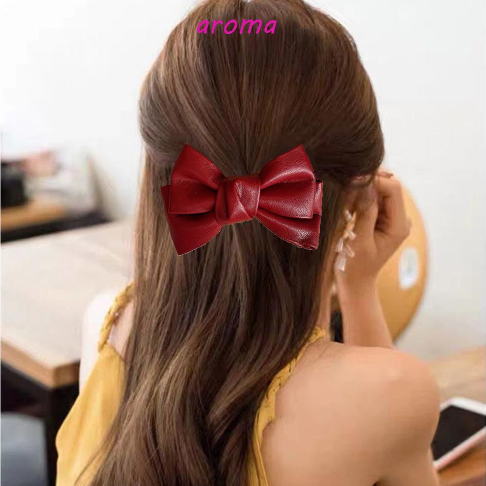 Kẹp Tóc Nơ Bằng Da PU Màu Trơn Dành Cho Nữ