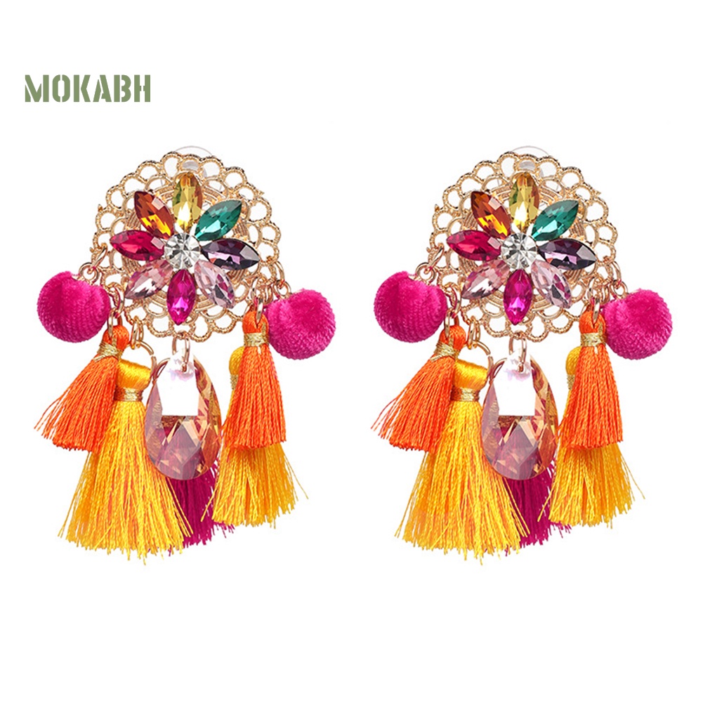 [Mok Abh] Bông Tai Đính Đá Tua Rua Phong Cách Boho