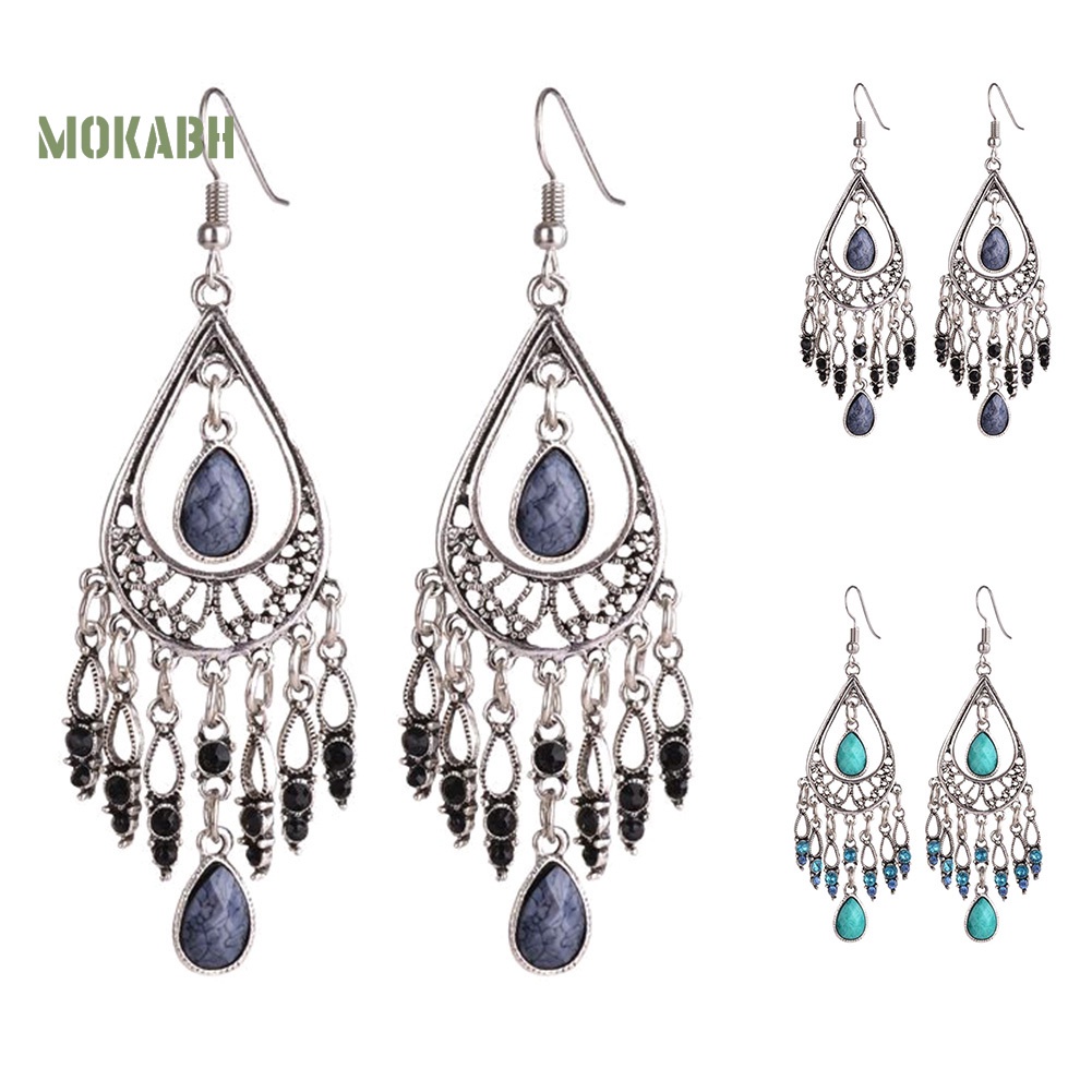 [Mok Abh] Bông Tai Móc Hình Giọt Nước Có Đính Đá Theo Phong Cách Bohemian