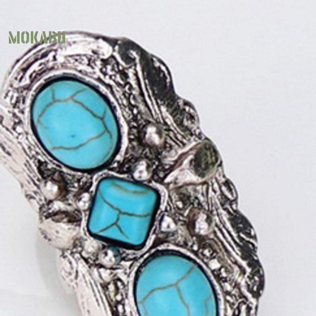 [Mok Abh] Nhẫn Hở Chạm Khắc Hoa Văn Đá Xanh Lá Phong Cách Bohemian Có Thể Điều Chỉnh Kích Thước