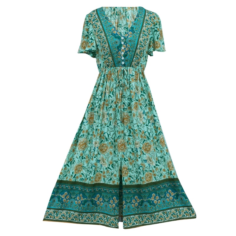 Đầm Midi Ngắn Tay Lưng Thun In Hoa Phối Nút Phía Trước