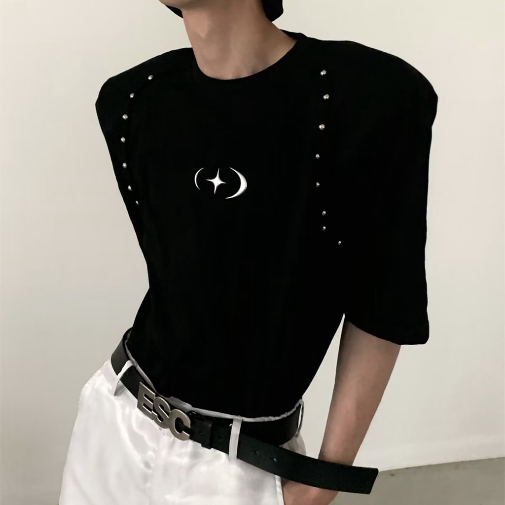 Áo Thun Cotton Tinh Khiết Tay Ngắn Thiết Kế Đường Viền Hạt Kim Loại Đơn Giản Dễ Phối Đồ Mùa Hè Nich