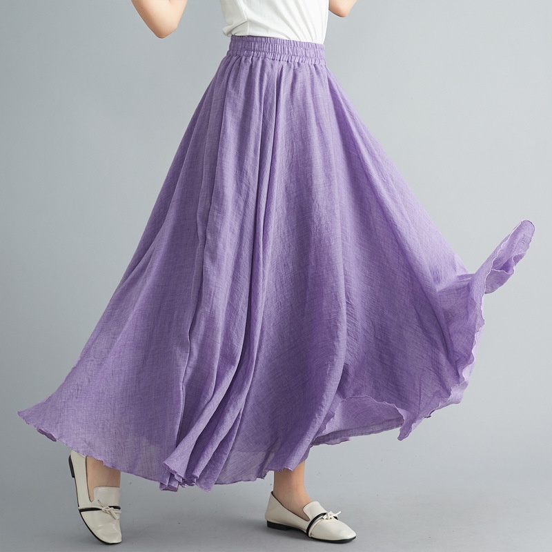 Chân Váy Dài Dáng Chữ A Vải Lanh Cotton Lưng Thun Màu Trơn Phong Cách Dân Tộc Cỡ Lớn Cho Nữ