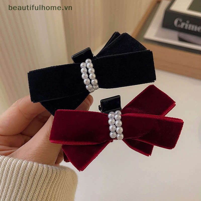 [beautifulhome] Kẹp Tóc Nơ Càng Cua Đính Ngọc Trai Nhung Phong Cách Vintage Pháp Thanh Lịch Cho Nữ [beauty]