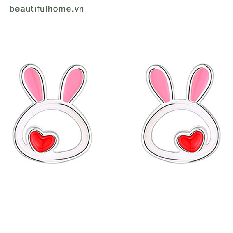 [beautifulhome] Bông Tai Hình Thỏ Trái Tim Màu Bạc Dễ Thương Dành Cho Nữ [beauty]