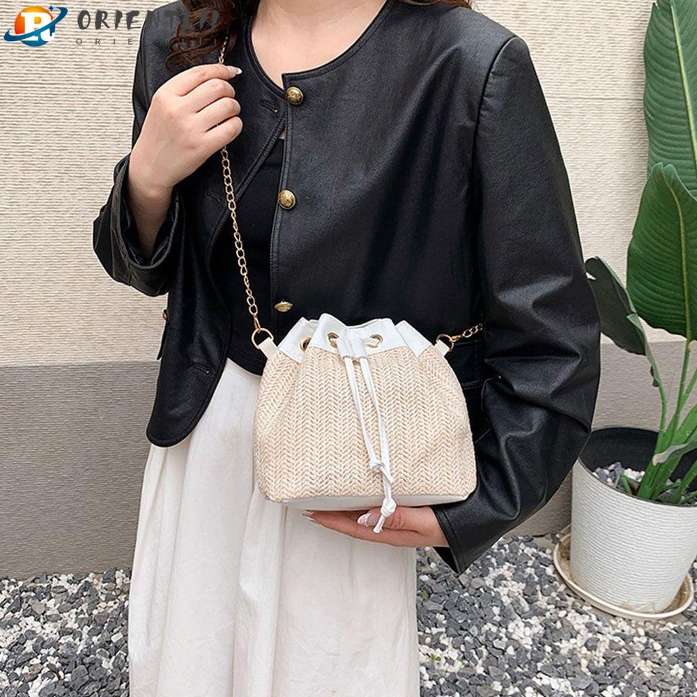 Túi Xách Bucket Dệt Phối Dây Xích Thời Trang Dành Cho Nữ