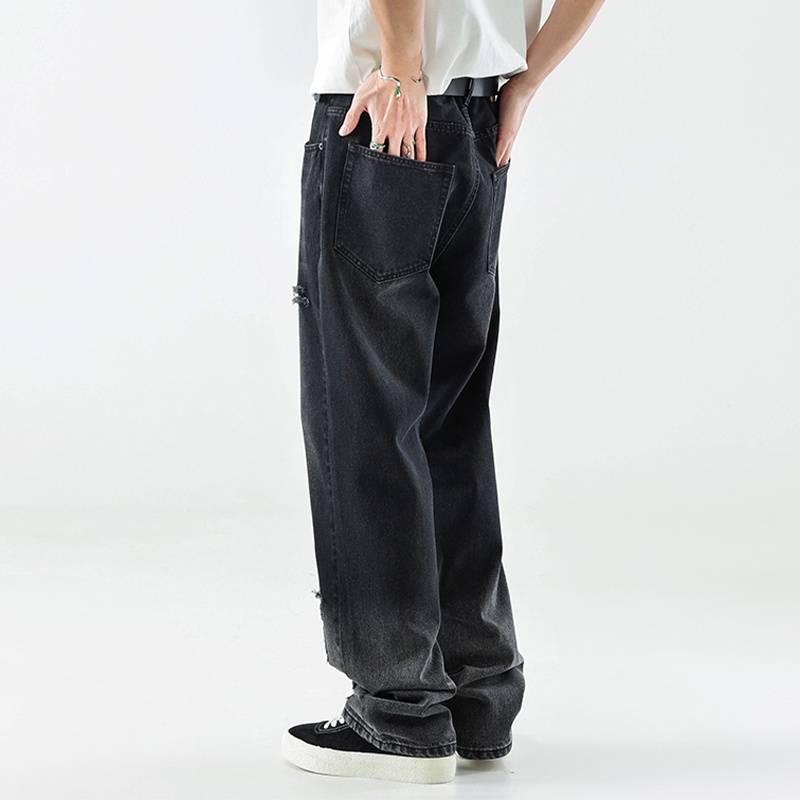 Quần Jean Ống Rộng Thêu Ngôi Sao Màu Gradient Phong Cách Đường Phố Mỹ Hàng Mới A3g4