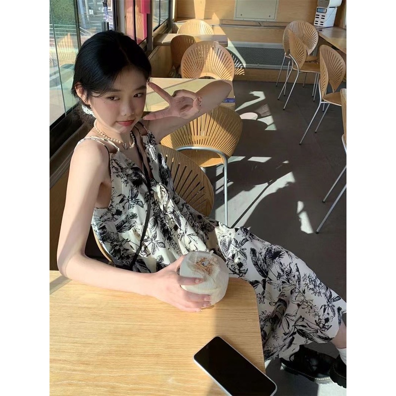 Đầm Dài Hai Dây Dáng Rộng Cổ Chữ V In Họa Tiết Hoa Thời Trang Mùa Hè Xinh Xắn Cho Nữ