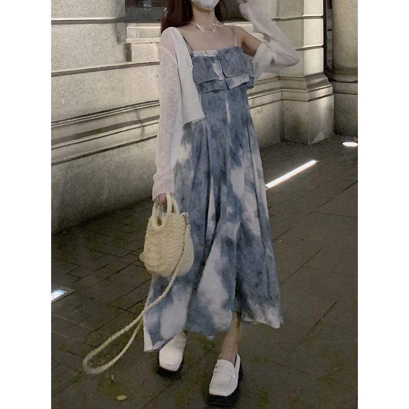 Set Đầm Hai Dây Nhuộm Màu + Áo Khoác Cardigan Mỏng Chống Nắng Phong Cách Ngọt Ngào Thời Trang Xuân Hè Cho Nữ