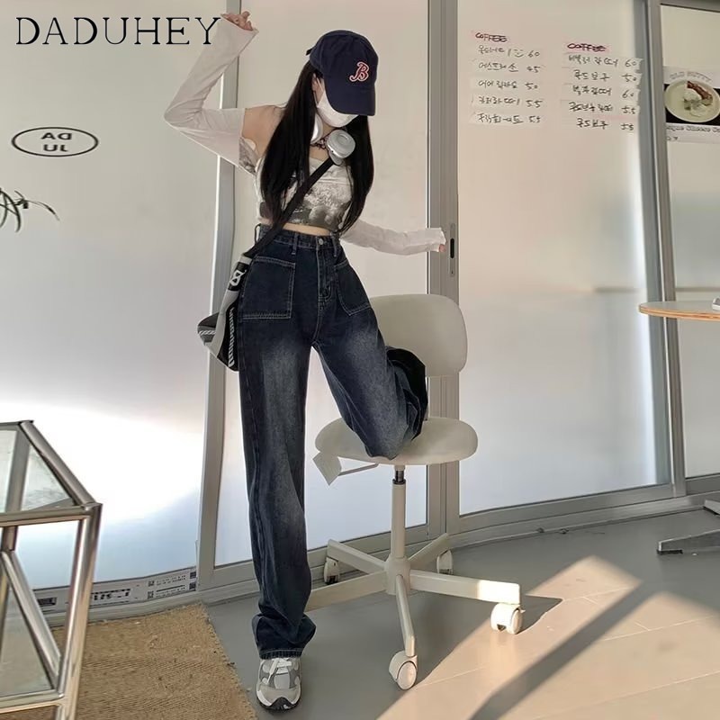 Quần jean dài DADUHEY size lớn ống rộng cạp cao vải giặt retro thời trang mới Hàn Quốc cho nữ