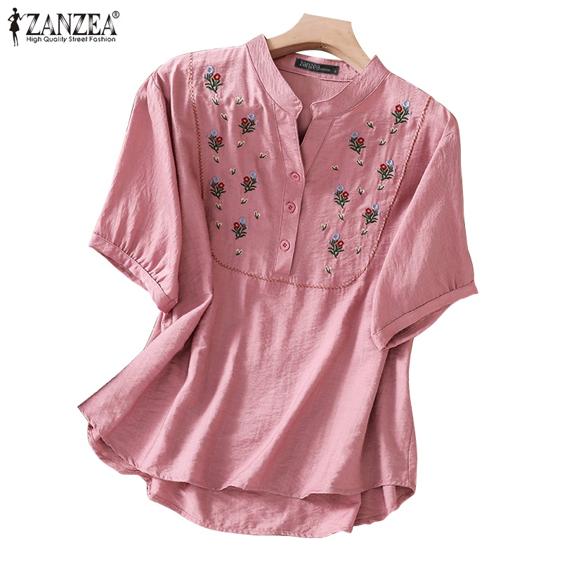 Zanzea Áo Sơ Mi Tay Lửng Cổ Đứng Thêu Hoa Thời Trang Nữ Tính