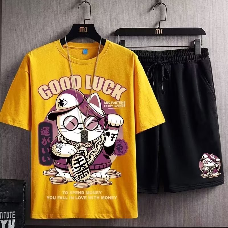 Set đồ thể thao HANLU ngắn tay dáng rộng in họa tiết mèo may mắn cho nam