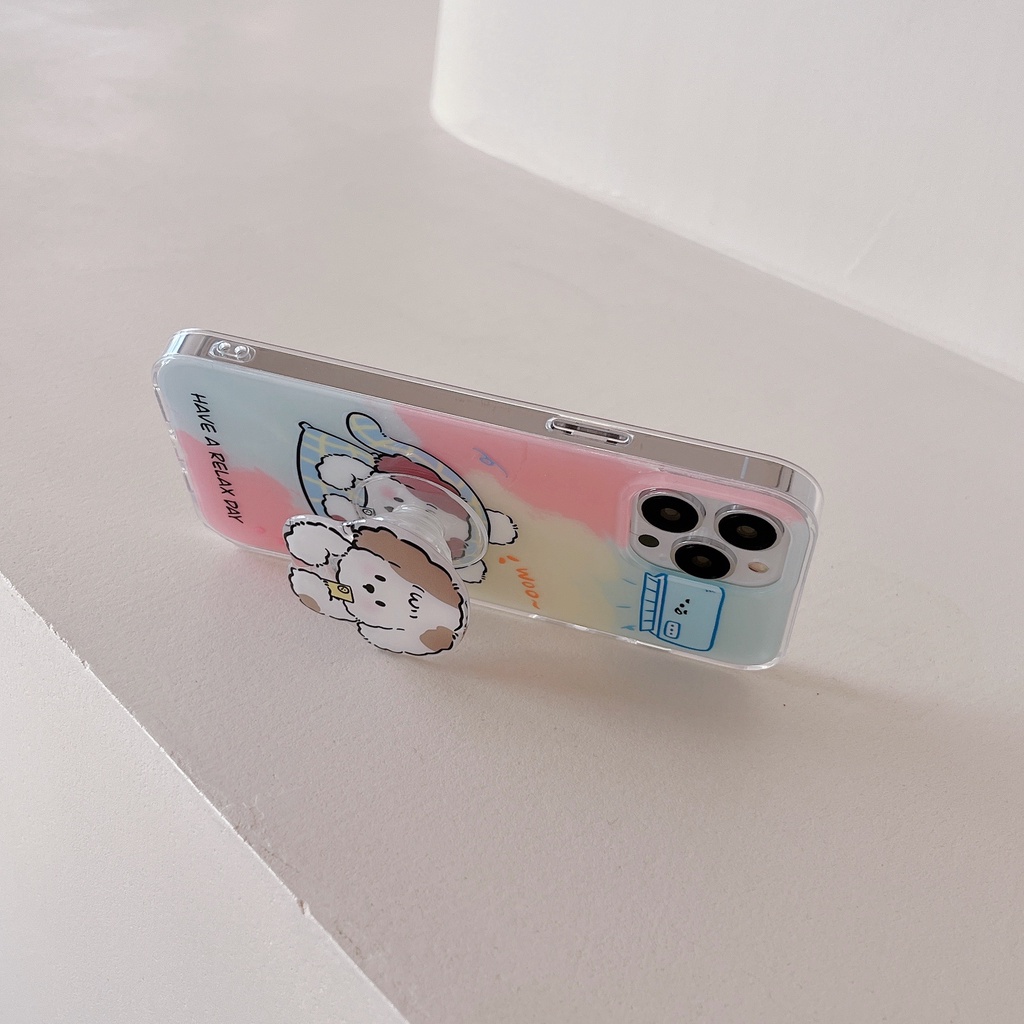 Ốp Điện Thoại TPU Mềm Trong Suốt Chống Sốc In Hình Chú Chó Hoạt Hình Có Giá Đỡ Và Dây Đeo Cổ Tay Cho iPhone 11 13 12 14 Pro Max