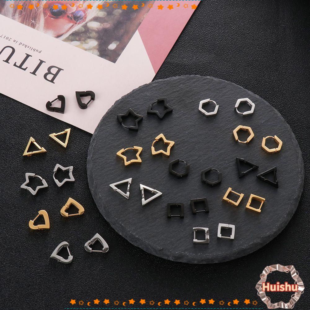 Khuyên Tai Tròn Bằng Thép Không Gỉ Hình Ngôi Sao / Trái Tim Đơn Giản|Khuyên Xỏ Tai Màu Đen Cá Tính
