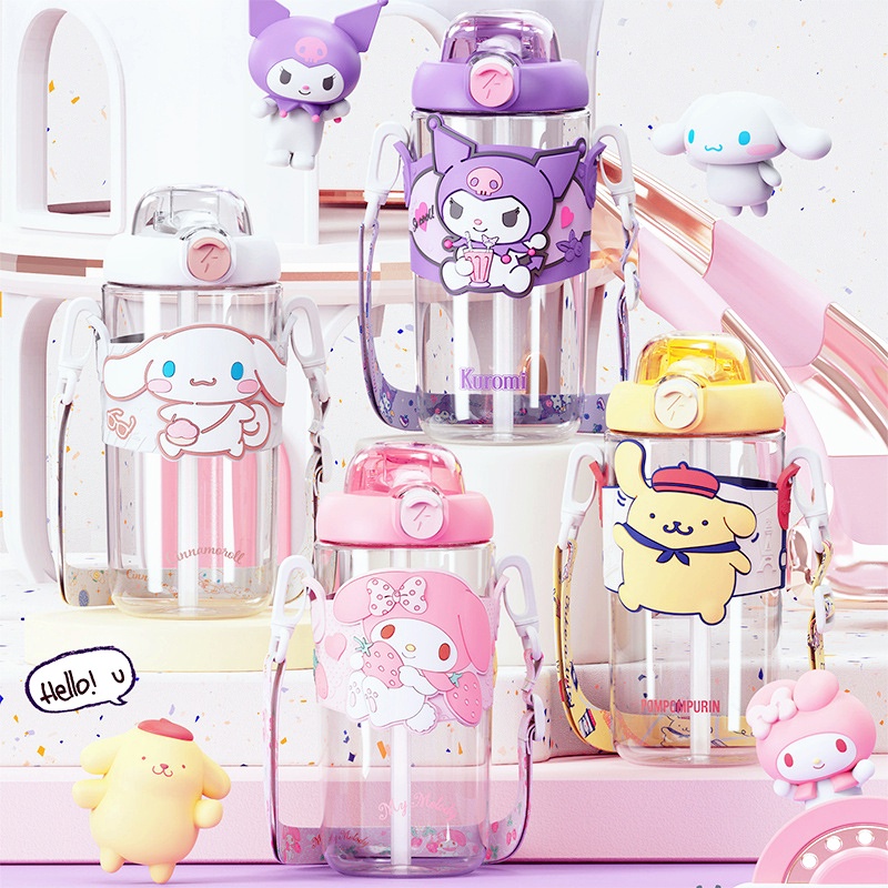 Bình Nước Có Ống Hút Họa Tiết Hoạt Hình Sanrio Kuromi Cinnamoroll Purin My Melody Dễ Thương Cho Bé Gái