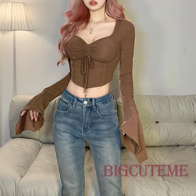 []] Áo Thun Crop Top Dây Rút Tay Chuông Dài Màu Trơn Ôm Dáng Vừa Vặn Cho Nữ