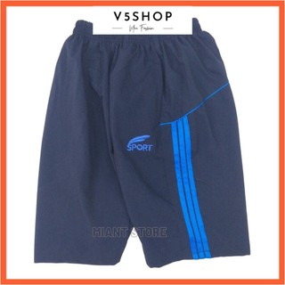 Quần đùi nam, quần short mặc nhà, quần ngố thể thao vải dù gió phối 3 sọc 50-75 kg qđ1
