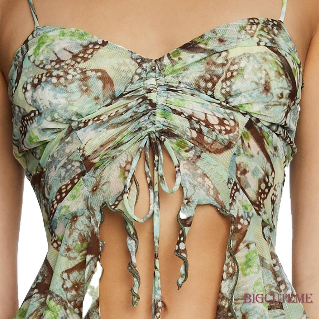 Áo Croptop Sát Nách Hở Lưng Phối Dây Rút In Họa Tiết Bướm Thời Trang Mùa Hè Cho Nữ